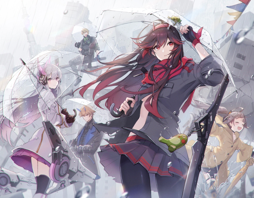 2boys 3girls black_gloves black_hair black_jacket black_pantyhose black_skirt blue_horns character_request check_character fingerless_gloves gloves grey_hair grey_jacket headphones highres holding holding_umbrella horns jacket kamui_(punishing:_gray_raven) lee_(punishing:_gray_raven) light_brown_hair liv_(punishing:_gray_raven) long_hair multicolored_hair multiple_boys multiple_girls nanami_(punishing:_gray_raven) nasubi_(1ra1ri1ko2cho1mi2na) oni_horns pantyhose pleated_skirt ponytail punishing:_gray_raven red_scarf redhead scarf skirt streaked_hair transparent transparent_umbrella umbrella violet_eyes