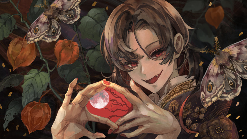 1boy :d ascot ashioka_kuraco bare_tree brown_flower brown_hair bug fangs food fruit full_moon hands_up highres looking_at_viewer male_focus moon moth original own_hands_together red_eyes red_nails smile solo tree upper_body