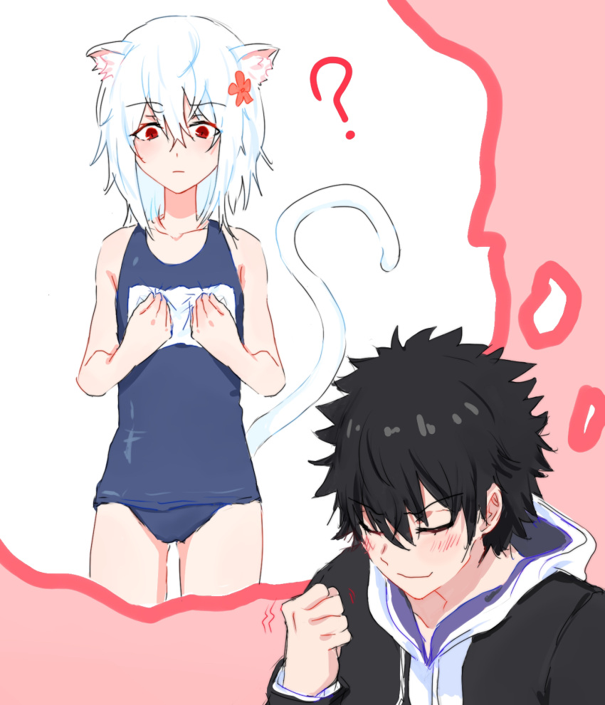 1boy 1girl ? accelerator_(toaru_majutsu_no_index) albino androgynous animal_ears black_hair black_jacket blue_one-piece_swimsuit blush cat_ears cat_tail clenched_hand closed_eyes confused cowboy_shot flat_chest flower gakuran genderswap genderswap_(mtf) hair_flower hair_ornament hands_on_own_chest highres hood hood_down hoodie jacket kamijou_touma kemonomimi_mode long_sleeves medium_hair motion_lines name_tag one-piece_swimsuit pink_background portrait raised_eyebrow red_eyes sanpaku school_swimsuit school_uniform sketch sleeveless smile smkei spiky_hair spoken_question_mark standing suzushina_yuriko swimsuit tail thighs thought_bubble toaru_majutsu_no_index white_hair white_hoodie