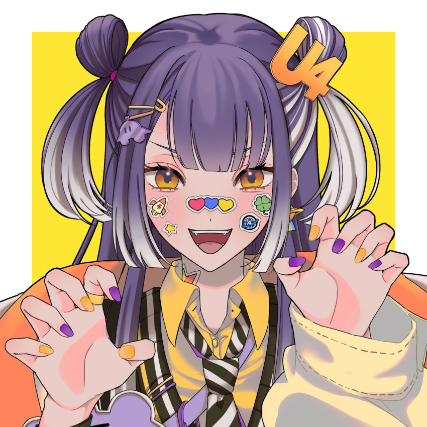 1girl alo8chan black_hair black_vest commentary double_bun gradient_hair grey_hair hair_bun highres long_hair multicolored_hair necktie nijisanji purple_nails solo sticker_on_face symbol-only_commentary two_side_up umise_yotsuha vest virtual_youtuber yellow_eyes yellow_nails