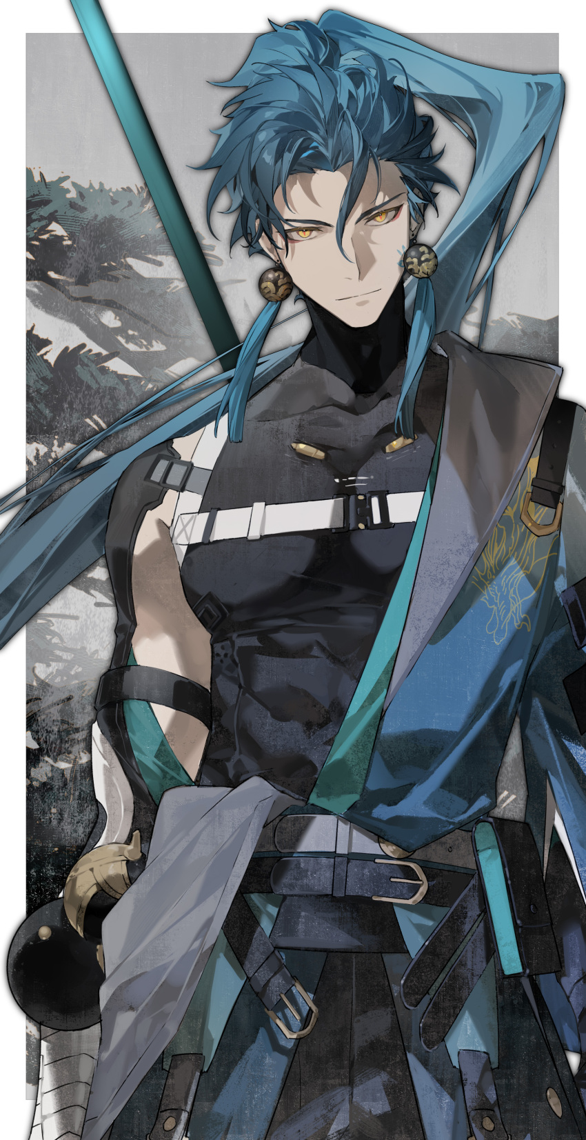 1boy absurdres belt earrings gourd green_hair high_ponytail highres holding holding_polearm holding_weapon jewelry jiyan_(wuthering_waves) lance looking_at_viewer muscular polearm smile tree weapon wuthering_waves yellow_eyes