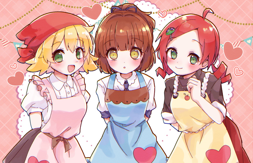 121natto 3girls amitie_(puyopuyo) andou_ringo apron arle_nadja blonde_hair blush brown_hair drill_hair green_eyes heart highres looking_at_viewer multiple_girls puyopuyo red_headwear redhead short_hair yellow_eyes