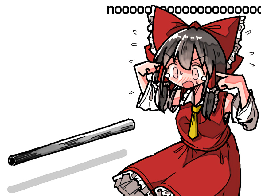 1girl black_hair blush bow detached_sleeves dot_nose flying_sweatdrops frilled_bow frilled_hair_tubes frills hair_bow hair_tubes hakurei_reimu industrial_pipe kasuya_baian lead_pipe open_mouth red_bow red_eyes red_skirt ribbon_trim skirt solo touhou
