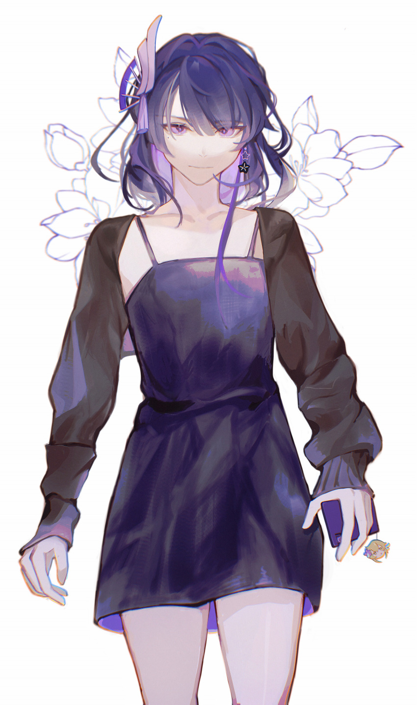 1girl absurdres blunt_bangs cellphone contemporary dress earrings floral_print genshin_impact grey_background hair_ornament highres holding holding_phone jewelry keychain long_sleeves looking_at_viewer lumine_(genshin_impact) mole mole_under_eye phone purple_hair raiden_shogun simple_background single_earring smartphone solo standing violet_eyes winkr
