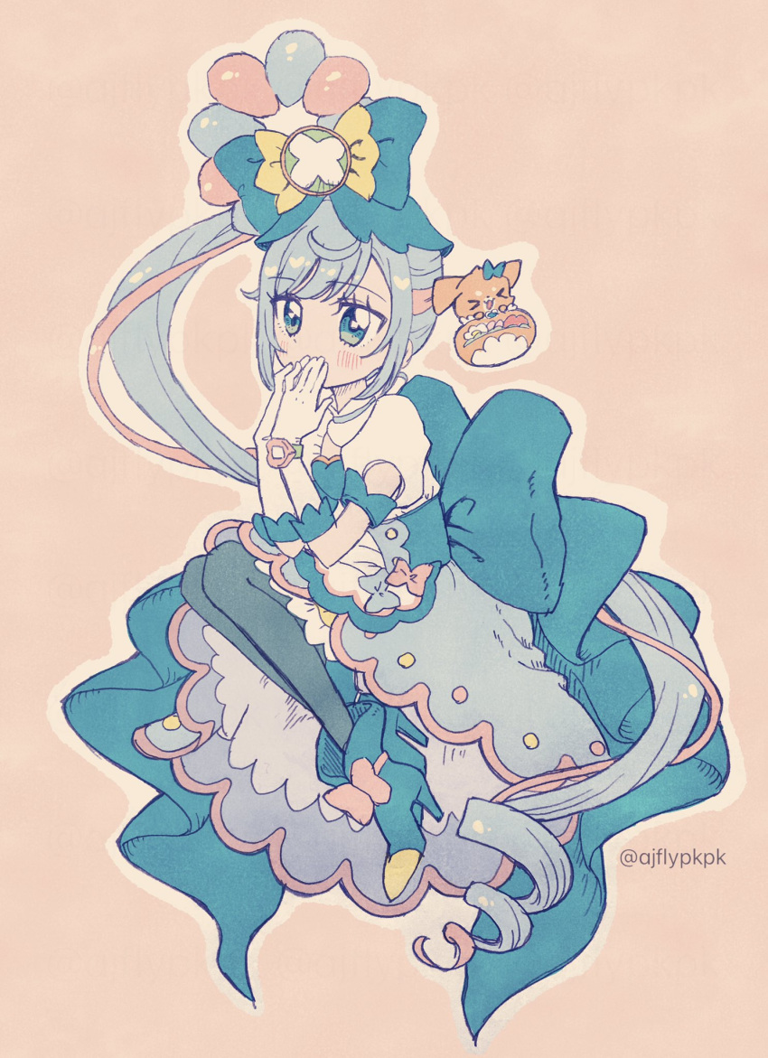 1girl aji_fry apron back_bow blue_bow blue_eyes blue_footwear blue_hair blue_thighhighs blush bow covering_mouth cure_spicy cure_spicy_(party_up_style) delicious_party_precure elbow_gloves footwear_bow full_body fuwa_kokone gloves highres huge_bow long_hair magical_girl multicolored_hair pam-pam_(precure) pink_hair precure puffy_short_sleeves puffy_sleeves short_sleeves side_ponytail solo streaked_hair thigh-highs very_long_hair white_gloves