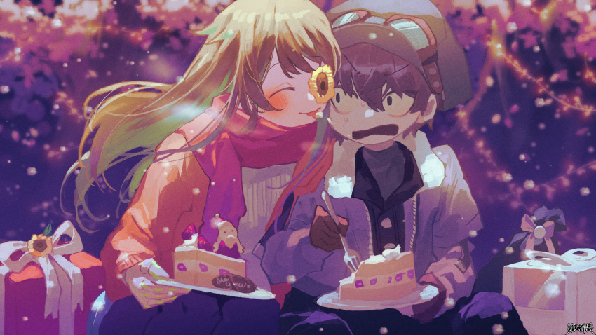 1boy 1girl :o black_gloves black_pants blurry blurry_background brown_coat brown_hair cake closed_eyes coat copyright_name dairoku_ryouhei eating food food_on_face fork gift gloves goggles goggles_on_head hetero highres himawari_asanuma joe_deadman licking licking_another's_face long_hair looking_at_another outdoors pants plate potg_(piotegu) red_coat red_scarf scarf sitting