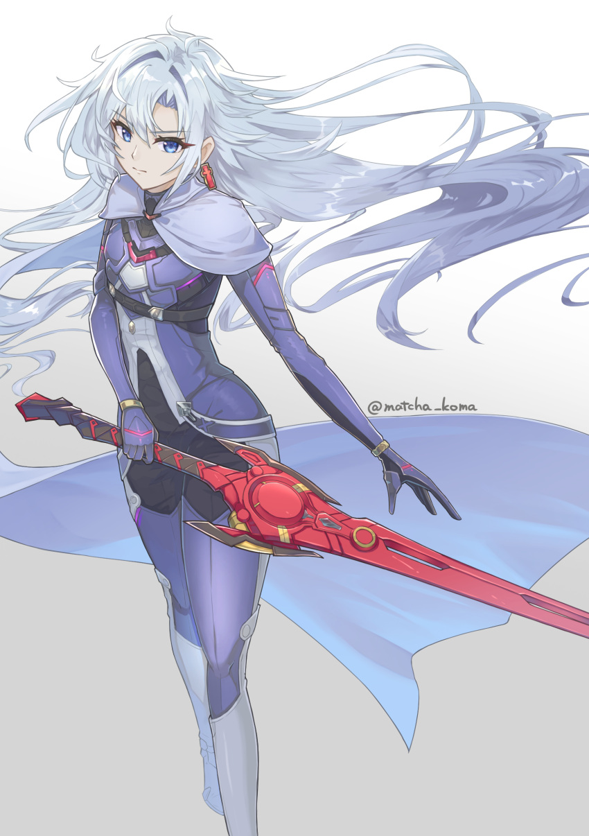 1girl a_(xenoblade) absurdres blue_eyes cape closed_mouth collared_cape earrings expressionless hair_between_eyes hair_flowing_over hair_intakes highres holding holding_sword holding_weapon jewelry long_hair looking_at_viewer messy_hair monado simple_background single_earring solo sword very_long_hair weapon white_background xenoblade_chronicles_(series) xenoblade_chronicles_3 xenoblade_chronicles_3:_future_redeemed yanagimachi