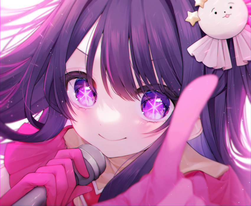 &gt;:) 1girl bloom blurry capelet chromatic_aberration close-up closed_mouth colored_eyelashes commentary depth_of_field double-parted_bangs eyelashes eyes_visible_through_hair gloves hair_between_eyes hair_ornament hair_ribbon hair_spread_out highres holding holding_microphone hoshino_ai_(oshi_no_ko) idol index_finger_raised light_blush light_particles long_hair microphone miko_suuuuu oshi_no_ko pink_capelet pink_gloves pointing pointing_at_viewer purple_hair rabbit_hair_ornament ribbon sidelocks smile sparkle star-shaped_pupils star_(symbol) symbol-shaped_pupils v-shaped_eyebrows violet_eyes white_ribbon