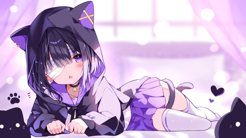 1girl :&lt; animal_ears animal_hood bandage_over_one_eye bell black_hair black_hoodie blunt_bangs blurry blurry_background blush cat_ears cat_girl cat_hood cat_tail commentary commission fake_animal_ears full_body heart highres hood hood_up hoodie indie_virtual_youtuber kurose_kiri long_sleeves looking_at_viewer lying neck_bell on_side open_mouth paw_print purple_background purple_skirt second-party_source shirt short_hair skeb_commission skirt solo stuffed_animal stuffed_cat stuffed_toy suisei_1121 tail tail_around_own_leg thigh-highs violet_eyes virtual_youtuber white_shirt white_thighhighs
