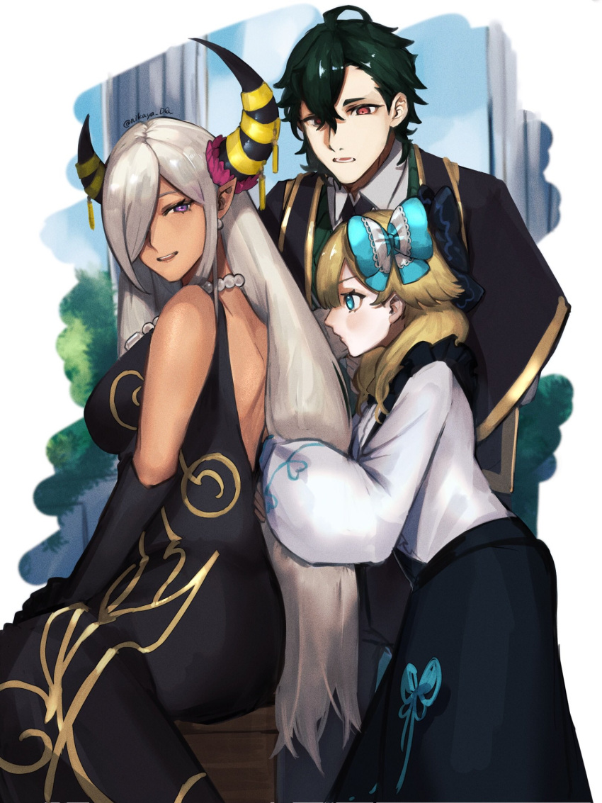 1boy 2girls backless_dress backless_outfit black_dress black_gloves blonde_hair blue_eyes dress elbow_gloves fire_emblem fire_emblem_engage gloves gregory_(fire_emblem) hair_ribbon highres horn_ornament horns jewelry long_hair long_skirt long_sleeves looking_at_another madeline_(fire_emblem) multiple_girls necklace open_mouth pointy_ears red_eyes ribbon seinikuten shirt short_hair skirt very_long_hair violet_eyes white_hair white_shirt zelestia_(fire_emblem)