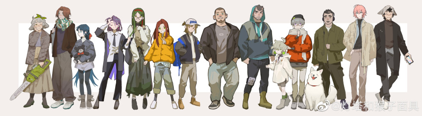 6+boys 6+girls absurdres baseball_cap beard black_hair blush buzz_cut chainsaw dog facial_hair full_body gh_himainu glasses goatee green_hair grey_hair hat height_difference highres hood hood_up horns jacket long_hair looking_at_viewer mature_male multiple_boys multiple_girls muscular muscular_male necktie old old_woman open_clothes open_jacket original pants pink_hair purple_hair round_eyewear scarf shoes short_hair sideburns smile standing thick_eyebrows very_short_hair winter_clothes