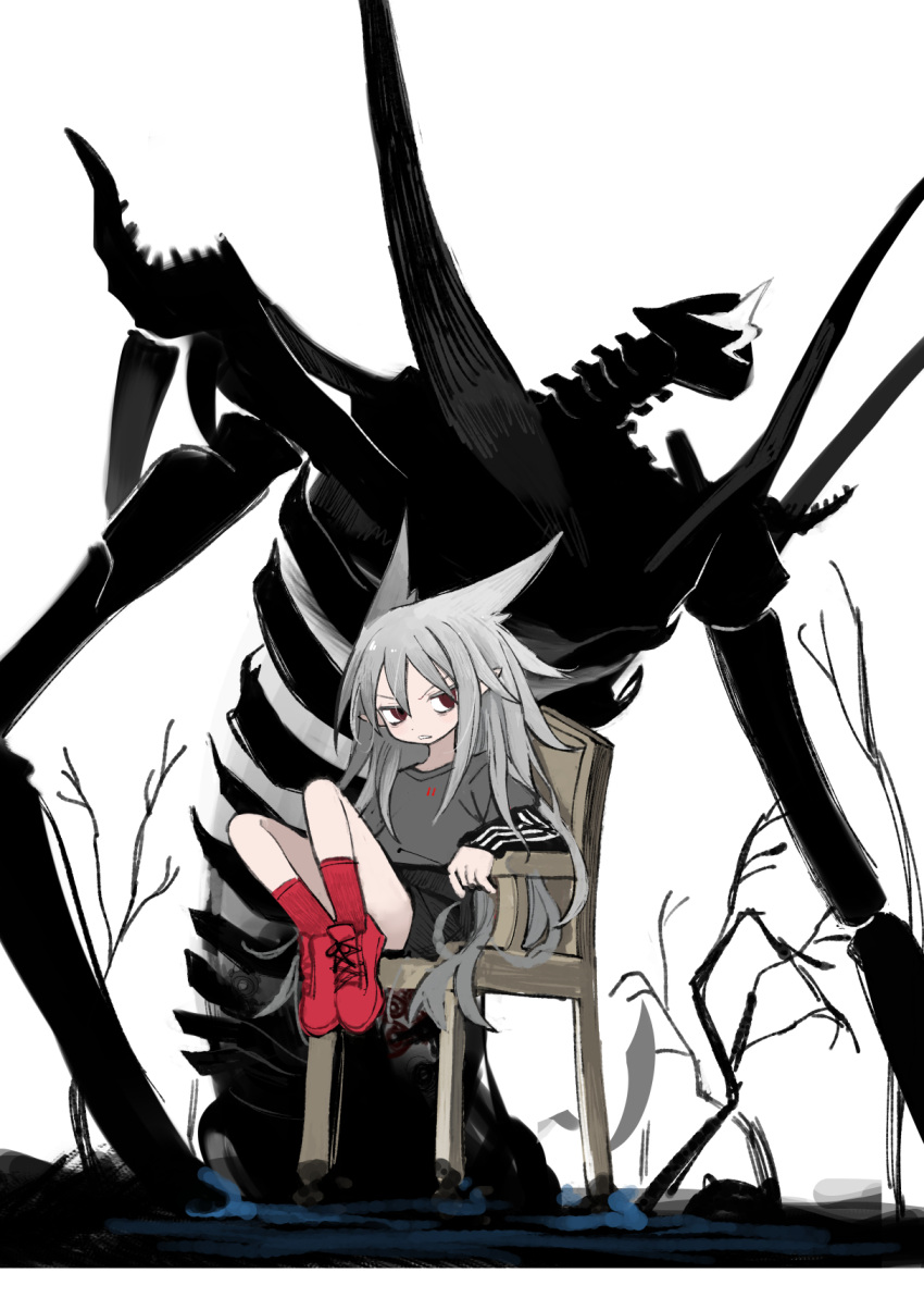 1girl abysmal animal_ears bare_tree black_shirt black_skirt character_request commentary_request full_body giant_skeleton grey_hair grey_shirt highres knees_up kokaki_mumose layered_shirt layered_sleeves long_hair long_sleeves looking_to_the_side on_chair red_eyes red_footwear red_socks scowl shirt shoes short_over_long_sleeves short_sleeves sitting skirt sneakers socks solo tree v-shaped_eyebrows very_long_hair white_background wide_shot