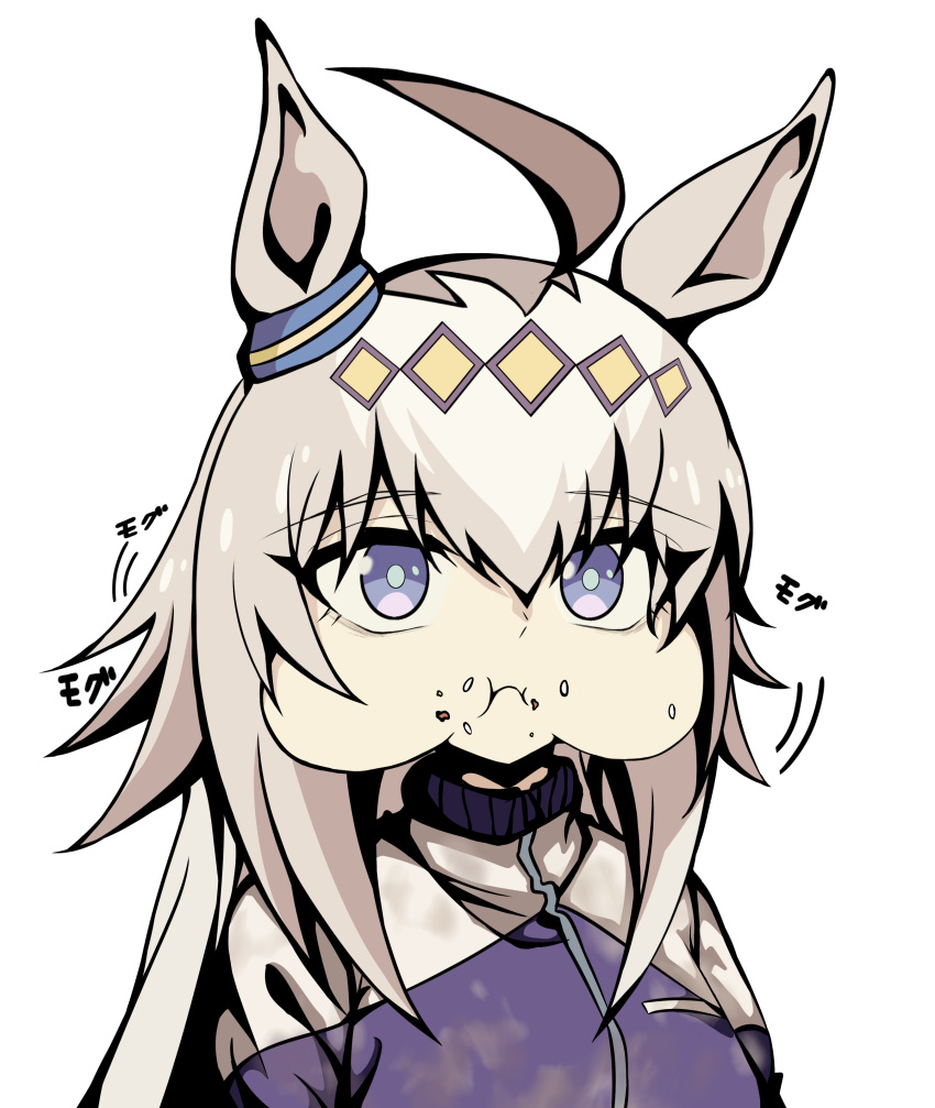 132109chisato 1girl absurdres ahoge animal_ears blue_eyes commentary_request ear_ornament glutton grey_hair hair_between_eyes hair_ornament hairband highres horse_ears horse_girl kasamatsu_tracen_school_uniform kasamatsu_tracen_training_uniform long_hair long_sleeves multicolored_hair oguri_cap_(umamusume) school_uniform solo umamusume umamusume:_cinderella_gray