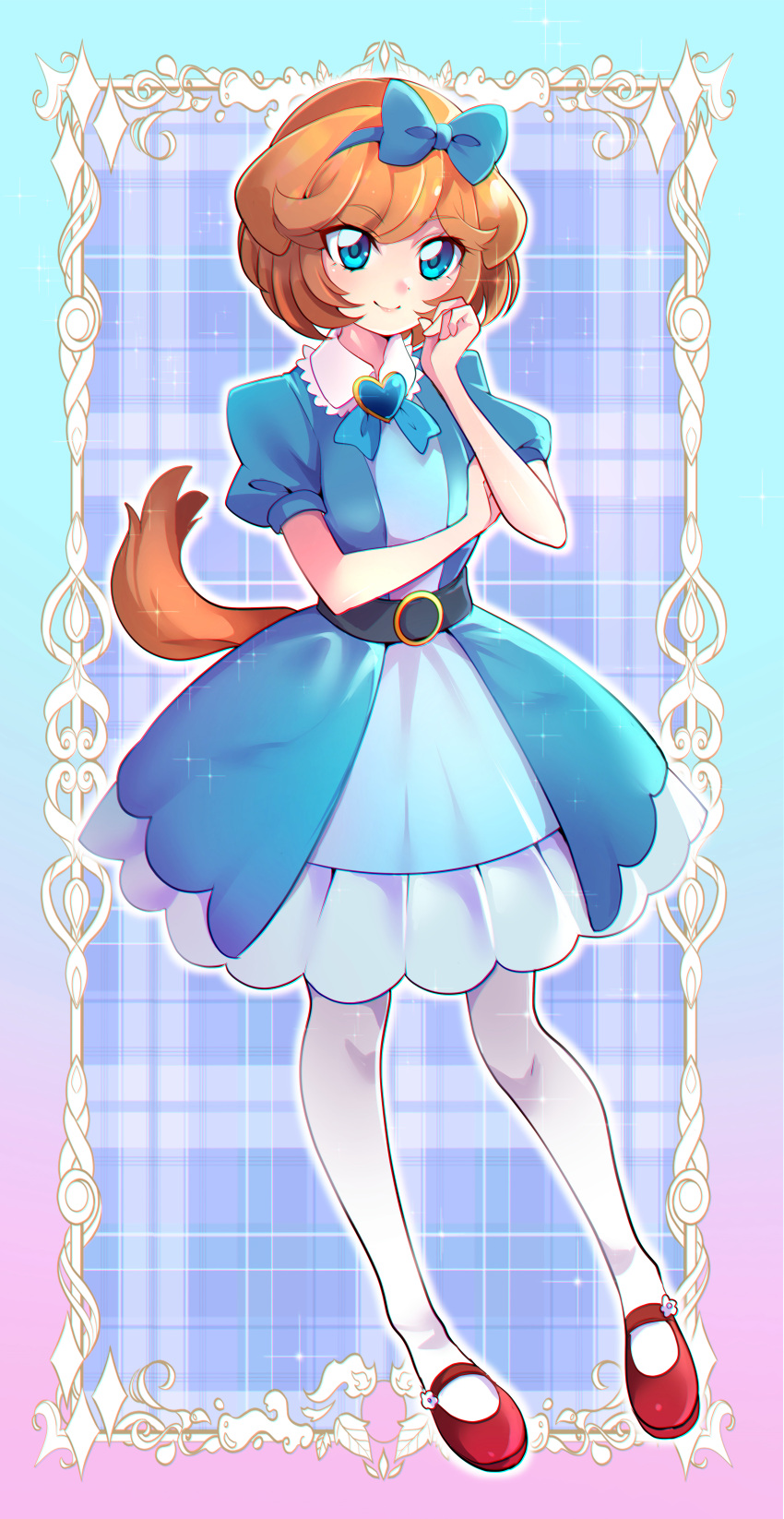 1girl absurdres animal_ears belt black_belt blue_bow blue_dress blue_eyes blue_ribbon bow brooch brown_hair closed_mouth collared_dress commentary delicious_party_precure dog_ears dog_girl dog_tail dress full_body hair_bow hand_on_own_arm hand_on_own_face heart_brooch highres jewelry looking_at_viewer mary_janes medium_dress mitsuki_tayura neck_ribbon outline pam-pam_(precure) pam-pam_(precure)_(human) pantyhose precure puffy_short_sleeves puffy_sleeves red_footwear ribbon shoes short_hair short_sleeves smile solo standing tail white_outline white_pantyhose