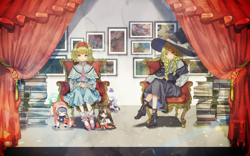 2girls alice_margatroid armchair black_footwear black_skirt blonde_hair blue_dress blue_eyes book book_stack bow braid capelet center_frills chair character_doll closed_mouth commentary_request cover curtains doremy_sweet dress frills full_body hairband hat hat_bow highres imaizumi_kagerou kamishirasawa_keine kirisame_marisa komano_aunn lace-trimmed_capelet lace_trim long_hair long_sleeves looking_at_viewer multiple_girls own_hands_together picture_(object) pink_footwear red_hairband sano_naoi shirt sitting skirt touhou twin_braids white_bow white_capelet white_shirt witch_hat yellow_eyes