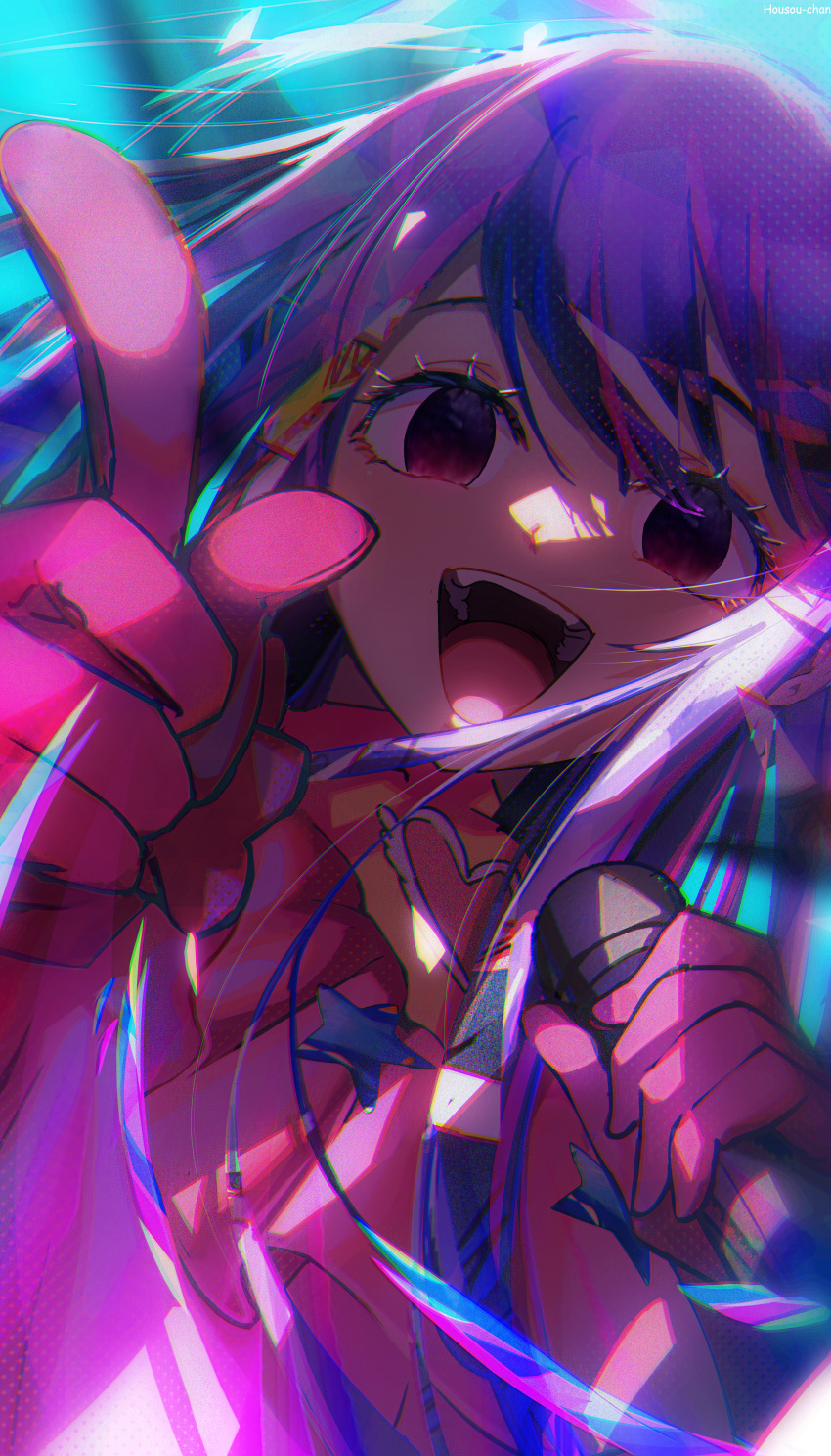 1girl absurdres commentary dress empty_eyes english_commentary frilled_dress frilled_gloves frills gloves heart highres holding holding_microphone hoshino_ai_(oshi_no_ko) housou-chan idol idol_clothes long_hair microphone multicolored_eyes open_mouth oshi_no_ko pink_dress pink_gloves pointing purple_hair sidelocks smile solo spoilers star_(symbol) symbol-shaped_pupils teeth turtleneck_dress upper_body variant_set violet_eyes