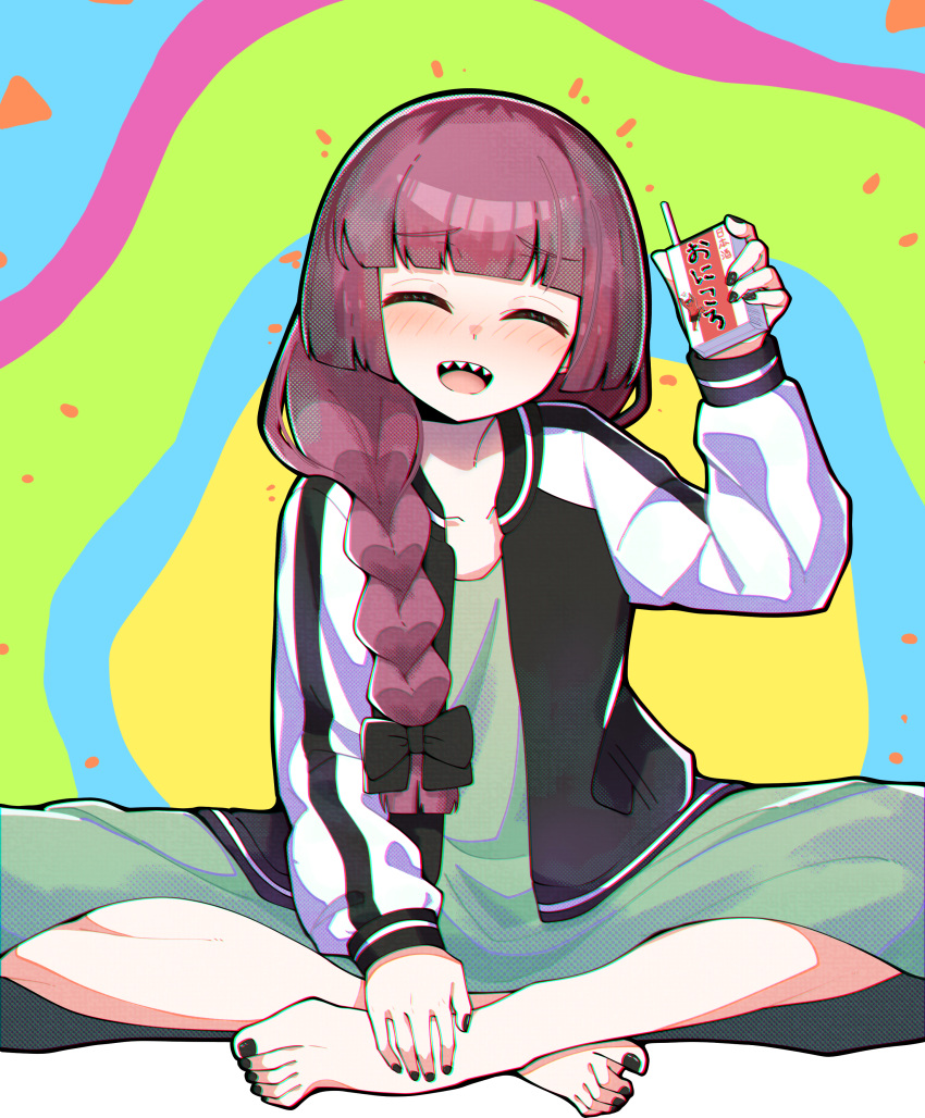 1girl :d ^_^ absurdres alcohol alcohol_carton barefoot black_bow black_jacket black_nails blunt_bangs blush bocchi_the_rock! bow braid braided_ponytail closed_eyes collarbone commentary_request crossed_ankles dress drinking_straw feet fingernails green_dress hair_bow hair_over_shoulder halftone hand_up highres hiroi_kikuri holding jacket long_hair long_sleeves multicolored_background multicolored_clothes multicolored_jacket mushipan_(mushipann26) nail_polish open_clothes open_jacket open_mouth purple_hair raised_eyebrows sharp_teeth sidelocks simple_background sitting smile solo teeth toenail_polish toenails toes two-tone_jacket upper_teeth_only white_jacket