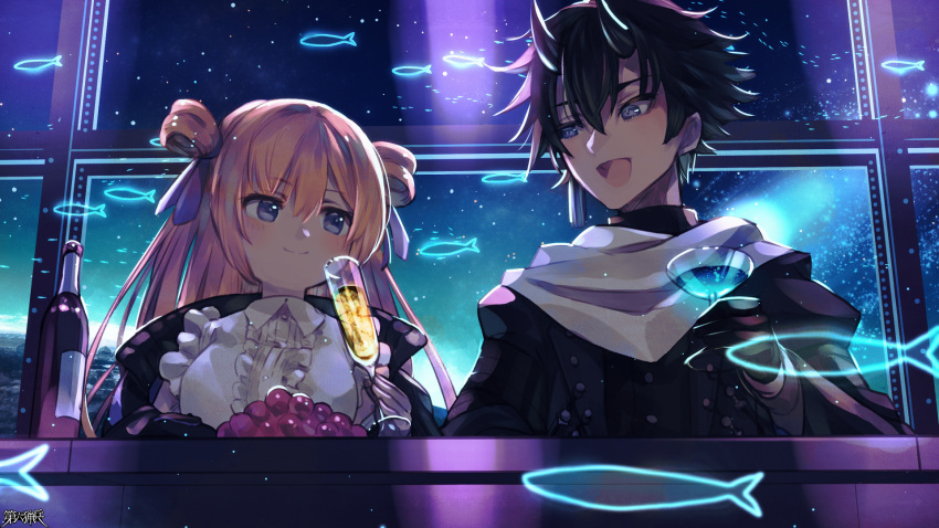 1boy 1girl :d black_gloves black_hair black_horns blue_eyes bottle champagne_flute cocktail_glass copyright_name cup dairoku_ryouhei drinking_glass eye_contact fish food gloves hair_between_eyes highres holding holding_cup horns indoors kokuzu looking_at_another multicolored_hair pink_hair scarf shirt short_hair smile streaked_hair upper_body wan_shauren white_shirt window wine_bottle
