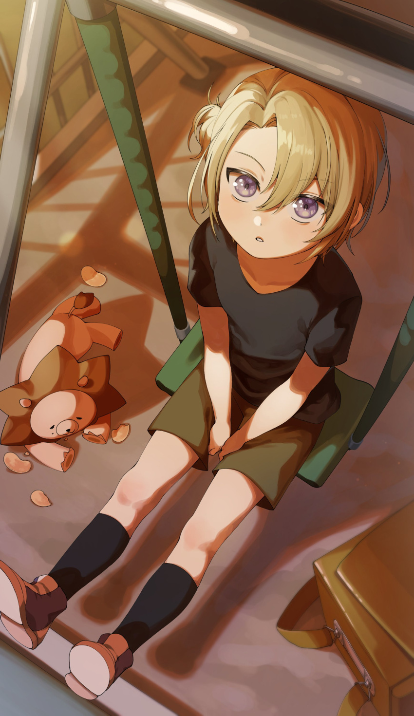 1boy absurdres aged_down black_shirt black_socks blonde_hair commentary green_shorts highres looking_at_viewer looking_up luca_kaneshiro male_child male_focus nijisanji nijisanji_en parted_lips playground salty_gana shirt short_sidetail shorts sitting socks solo stuffed_animal stuffed_lion stuffed_toy swing symbol-only_commentary t-shirt violet_eyes virtual_youtuber