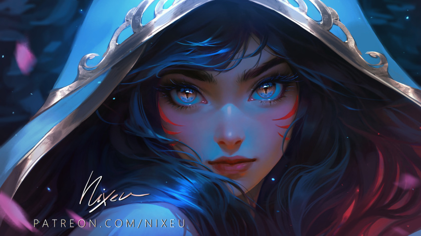1girl ahri_(league_of_legends) artist_name black_hair hat league_of_legends long_hair multicolored_hair nixeu nose portrait red_lips redhead shiny_skin slit_pupils smile solo two-tone_hair web_address