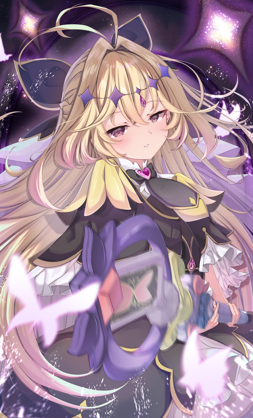 1girl absurdres antenna_hair black_bow black_capelet black_dress blonde_hair bow brooch bug butterfly capelet cure_arcana_shadow diamond_hairband dress frilled_capelet frilled_cuffs frills gradient_hair hair_intakes heart heart_brooch highres holding holding_staff jewelry long_hair looking_at_viewer magical_girl meitantei_precure! multicolored_hair paru_364364 precure purple_veil purple_wrist_cuffs solo staff tear_arcana_rod upper_body veil very_long_hair violet_eyes wrist_cuffs