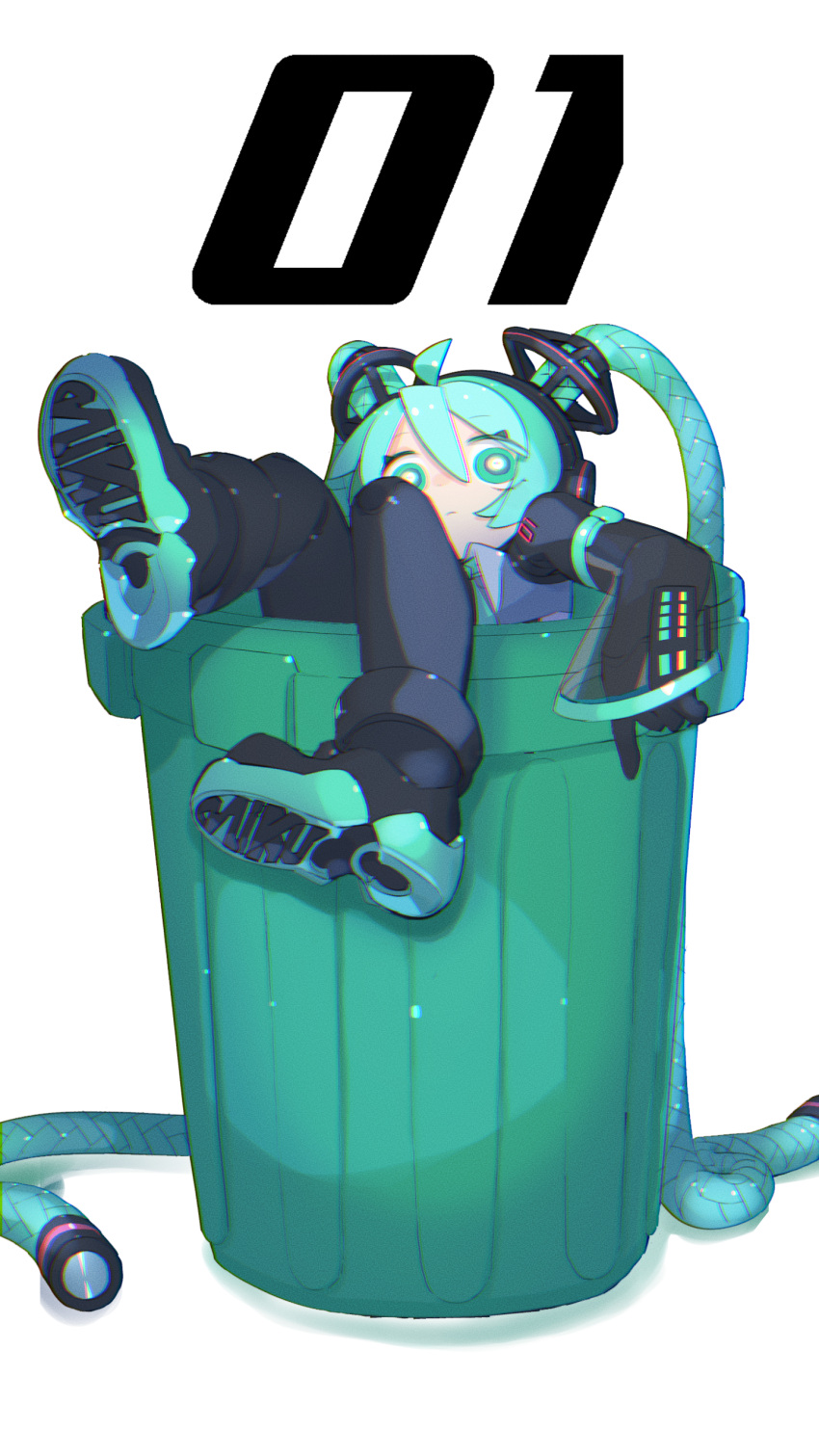 1girl absurdly_long_hair absurdres ahoge android aqua_eyes aqua_hair aqua_necktie boots bright_pupils cheri_zao chromatic_aberration closed_mouth commentary detached_sleeves glowing glowing_eyes grey_shirt hatsune_miku hatsune_miku_(vocaloid3) headphones highres in_trash_can knee_up leg_up light_frown long_hair looking_at_viewer mecha_musume mechanical_parts necktie raised_eyebrows rope see-through see-through_sleeves shirt simple_background solo thigh_boots twintails very_long_hair vocaloid white_background white_pupils wide-eyed wide_sleeves