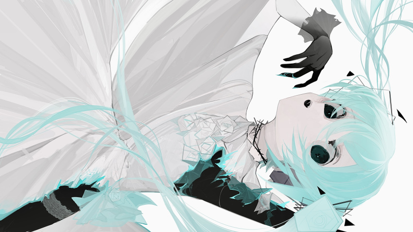 052_(saniiiwan) 1girl absurdres aqua_hair aqua_pupils black_gloves blue_eyes blue_fire burning_clothes collar commentary cowboy_shot dress empty_eyes fire floating_hair frilled_gloves frills gloves hand_up hatsune_miku highres long_hair looking_at_viewer open_mouth pale_skin sideways simple_background solo thorns twintails very_long_hair vocaloid white_background white_dress wide-eyed