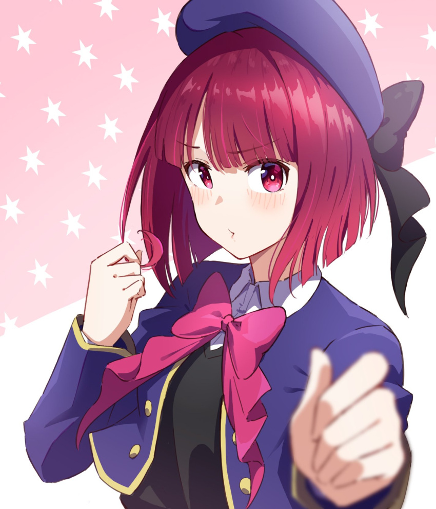 1girl arima_kana beret black_bow black_ribbon black_sweater_vest blue_headwear blue_jacket blunt_bangs blurry blush bob_cut bow bright_pupils clenched_hands closed_mouth collared_shirt commentary_request depth_of_field eyes_visible_through_hair hands_up hat hat_bow hat_ribbon highres hyoe_(hachiechi) jacket long_sleeves looking_at_viewer open_clothes open_jacket oshi_no_ko parted_bangs pink_background pink_bow pink_ribbon playing_with_own_hair red_eyes redhead ribbon school_uniform shirt simple_background solo starry_background sweater_vest upper_body v-shaped_eyebrows white_pupils white_shirt