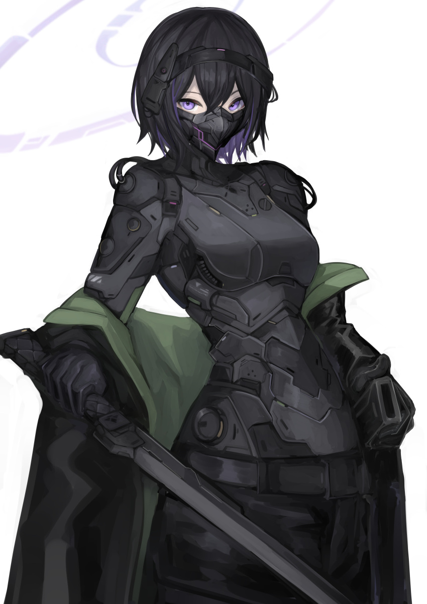 1girl absurdres aokuma_(yuuran_create) armored_bodysuit black_hair bodysuit bodysuit_under_clothes cable highres holding holding_sword holding_weapon looking_at_viewer mask mouth_mask off_shoulder original pants sheath short_hair solo sword unsheathed violet_eyes weapon white_background