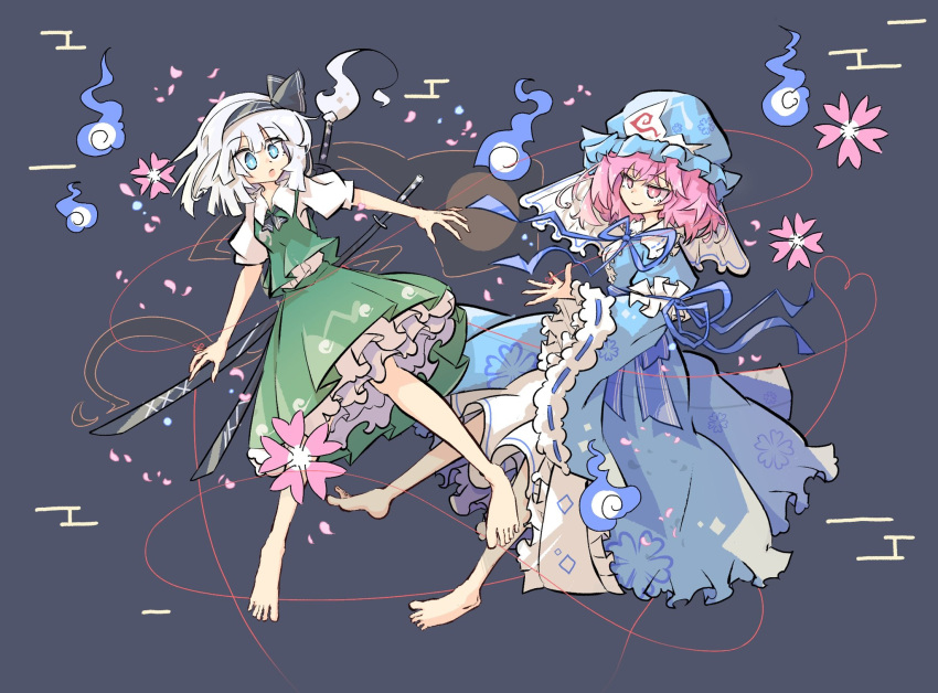 2girls barefoot black_headband blue_background blue_dress blue_fire dress fire floral_background flower frilled_dress frills green_skirt green_tank_top headband highres katana konpaku_youmu medium_hair multiple_girls pink_eyes pink_flower primsla saigyouji_yuyuko shirt simple_background skirt sword tank_top touhou weapon white_hair white_shirt