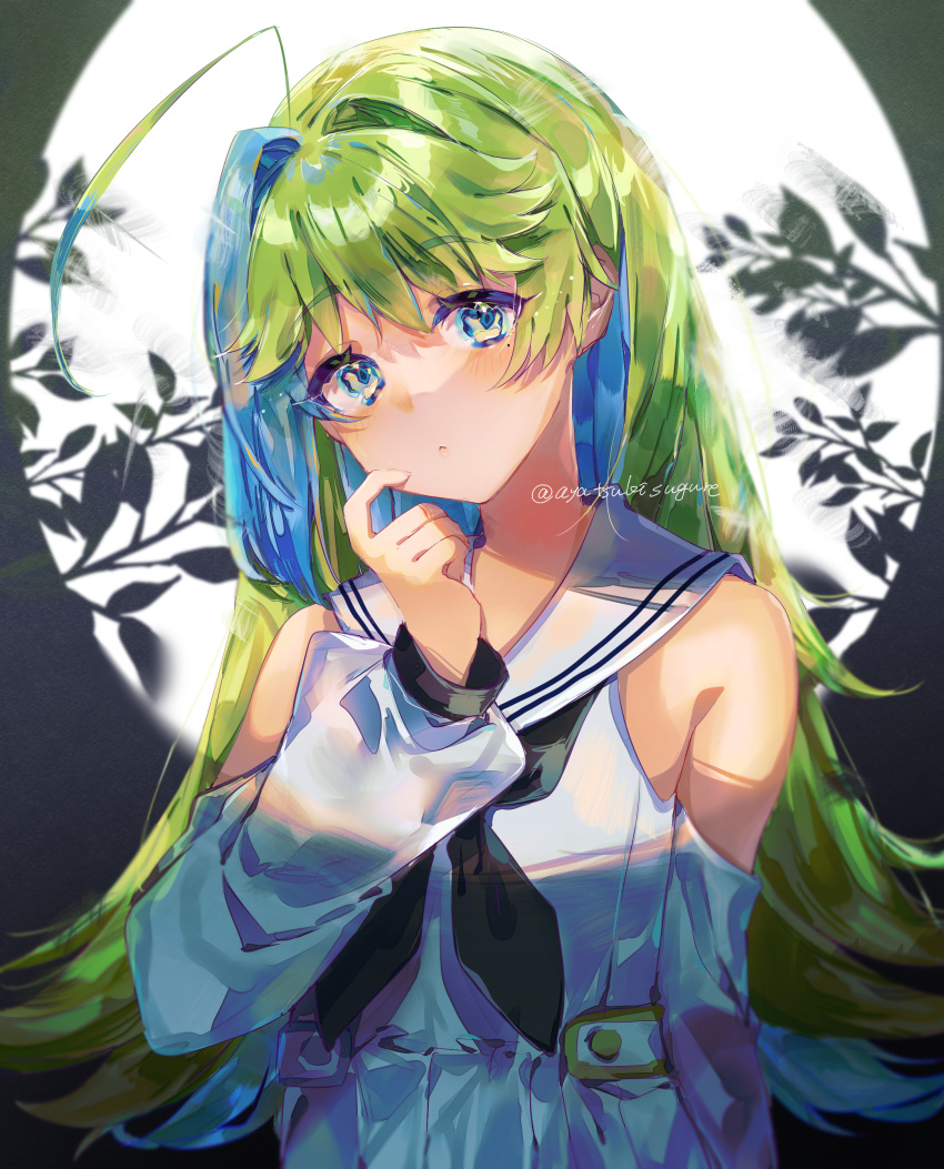 1girl absurdres ahoge ayatsuki_sugure backlighting bare_shoulders black_neckerchief blue_eyes blush breasts clothing_cutout dress expressionless finger_to_own_chin full_moon green_hair hair_intakes hand_up highres leaf long_hair looking_at_viewer moon neckerchief original shoulder_cutout silhouette small_breasts solo upper_body very_long_hair white_dress