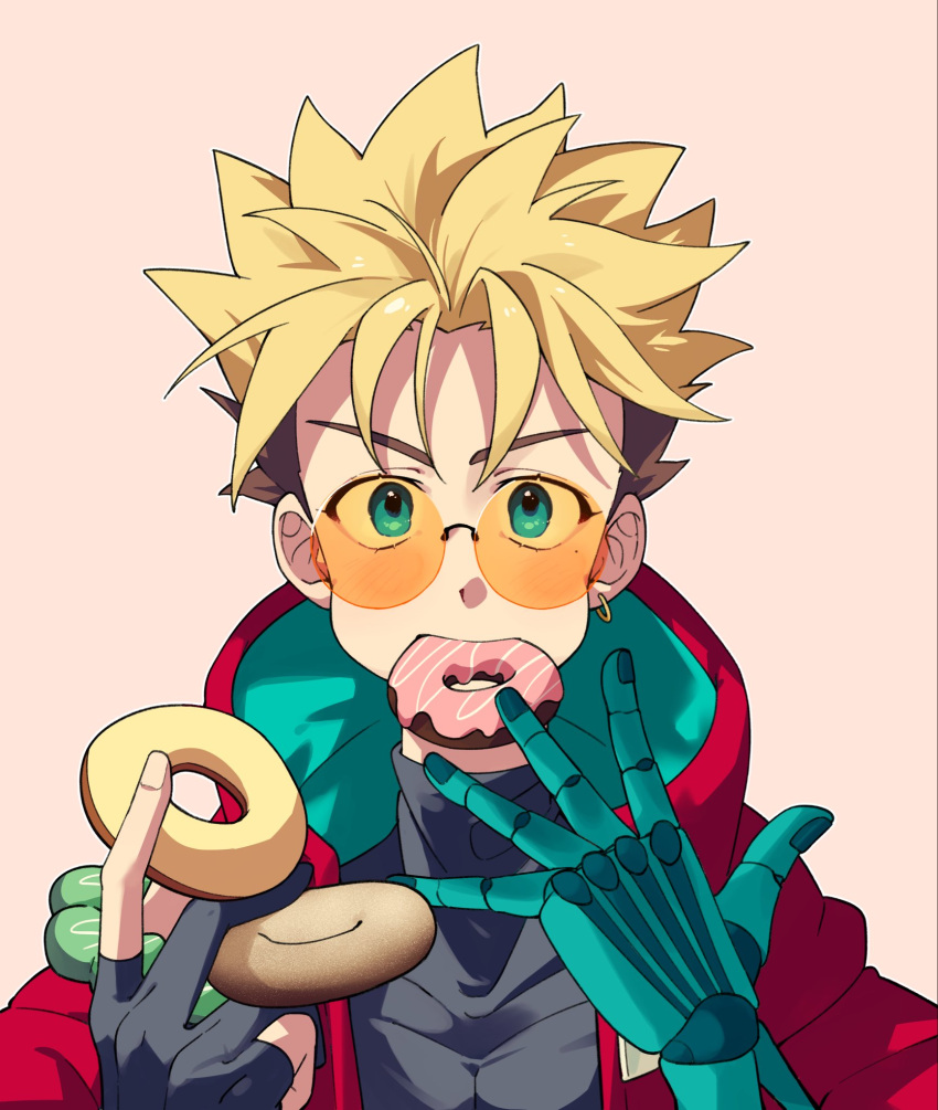 1boy blonde_hair coat doughnut earrings fingerless_gloves food gloves highres jewelry pink_background prosthesis prosthetic_arm red_coat simple_background single_earring solo sunglasses trigun trigun_stampede trimaman56 vash_the_stampede