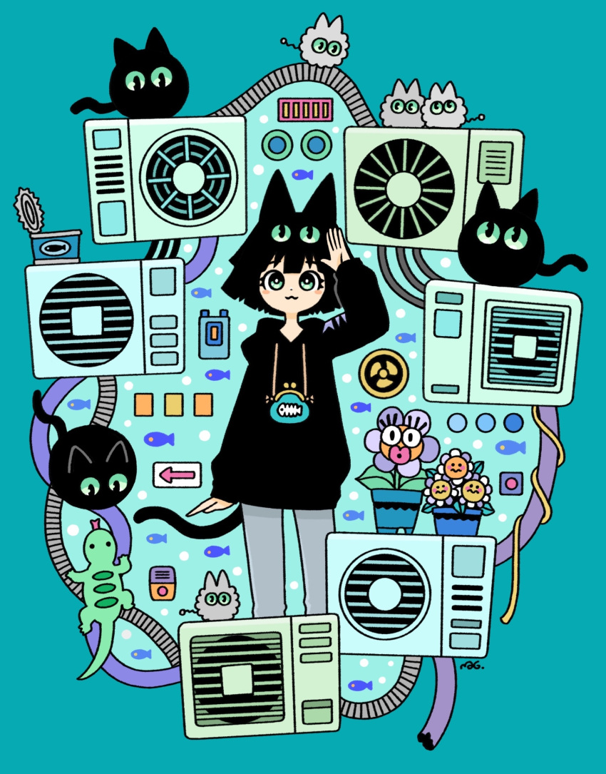 1girl :3 air_conditioner animal_ears aqua_background arm_up arrow_(symbol) black_cat black_hair black_hoodie blunt_bangs blunt_ends blush_stickers bright_pupils can canned_fish canned_food cat cat_ears cat_girl cat_tail closed_mouth coin_purse commentary_request dot_nose extra_eyes fish_background flower flower_pot garouma grey_pants highres hood hood_down hoodie lizard long_sleeves looking_at_viewer original pants plant potted_plant push-button short_hair signature smile solo standing straight-on straight_hair tail white_pupils