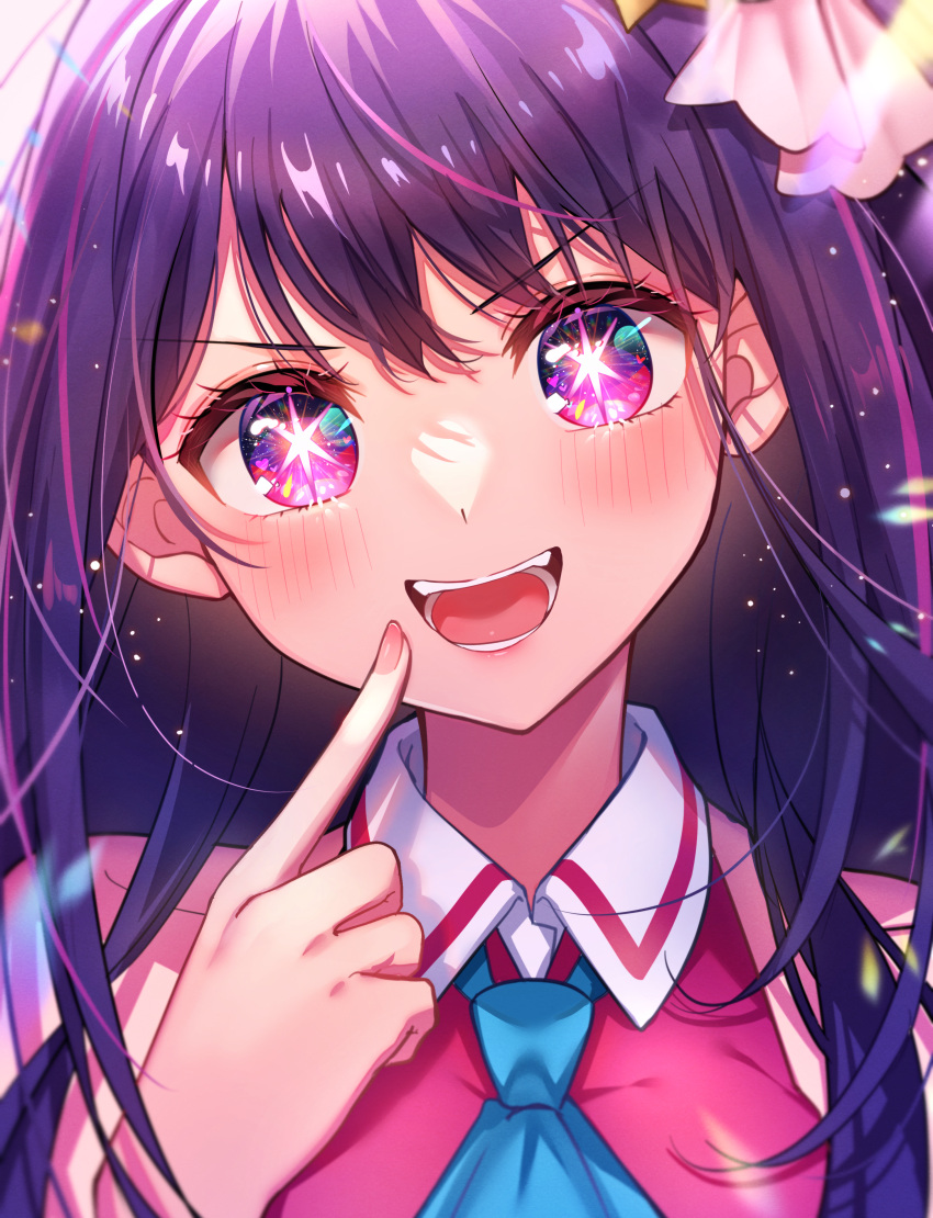 &gt;:) 1girl :d absurdres bare_shoulders blue_necktie blush chromatic_aberration close-up collar double-parted_bangs eyelashes fang fingernails hair_between_eyes hair_ribbon hair_spread_out head_tilt highres hoshino_ai_(oshi_no_ko) index_finger_raised light_particles long_hair looking_at_viewer necktie open_mouth oshi_no_ko pink_shirt purple_hair ribbon shirt smile solo star-shaped_pupils star_(symbol) straight-on symbol-shaped_pupils teeth umishima_rinta v-shaped_eyebrows violet_eyes white_collar white_ribbon