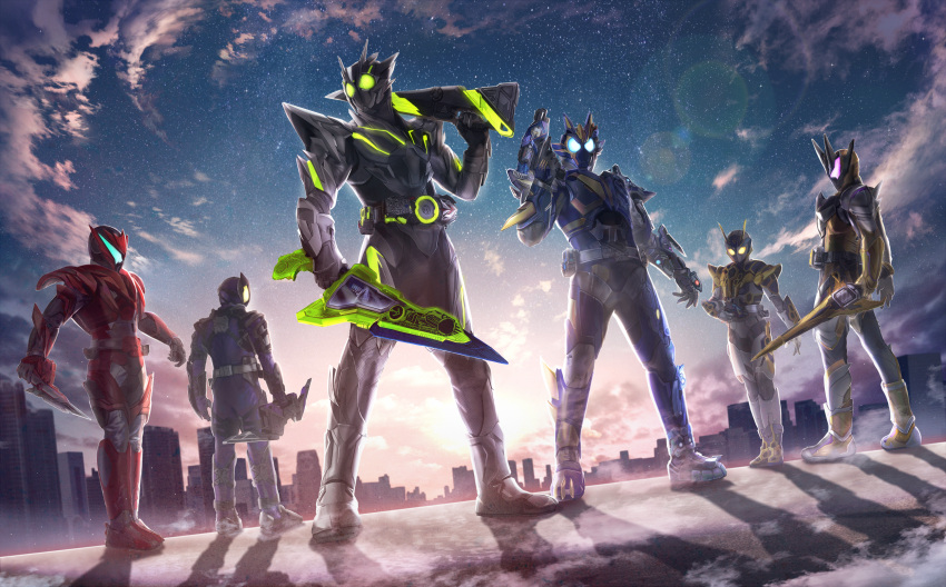 1girl 5boys antennae armor armored_boots armored_gloves asymmetrical_armor attache_arrow attache_calibur black_bodysuit blue_eyes body_armor bodysuit boots bow_(weapon) bug burning_falcon cityscape clouds commentary_request compound_eyes driver_(kamen_rider) dual_wielding everyone facing_to_the_side fire foreshortening glowing glowing_eyes grasshopper green_eyes gun helmet highres holding holding_gun holding_head holding_weapon kamen_rider kamen_rider_01_(series) kamen_rider_horobi kamen_rider_jin kamen_rider_thouser kamen_rider_valkyrie kamen_rider_vulcan kamen_rider_zero-one lance lightning_hornet looking_at_viewer masukudo_(hamamoto_hikaru) metalcluster_hopper multiple_boys neon_trim ocean open_hand over_shoulder polearm progrise_hopper_blade purple_bodysuit rampage_wolf red_armor rider_belt shot_riser sky sunlight sword thighs thousand_jacker thousandriver tokusatsu weapon weapon_over_shoulder white_background wings yellow_eyes zaia_slashdriver zero_one_driver