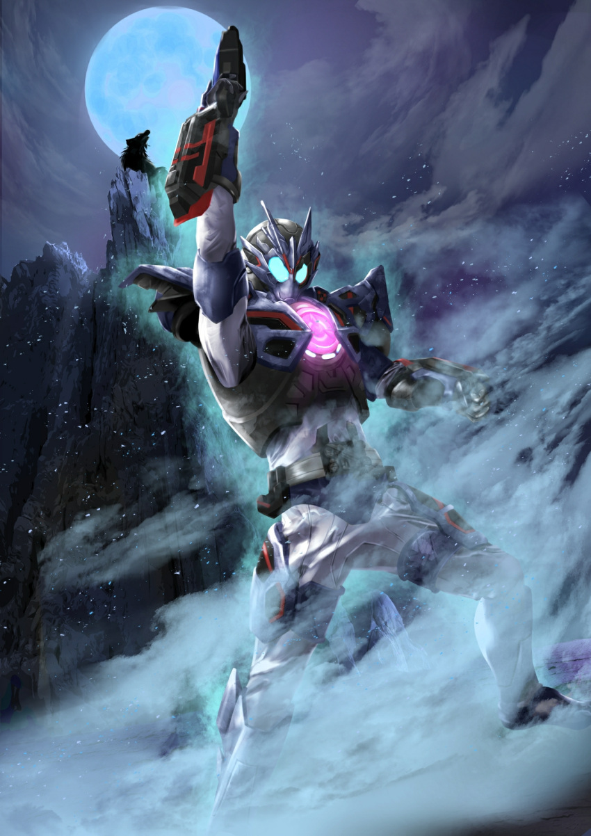 1boy aqua_eyes arm_guards armor assault_wolf black_armor blue_eyes body_armor chest_beam commentary compound_eyes explosion feet_out_of_frame fire gloves glowing_lines gun helmet highres holding holding_gun holding_weapon kamen_rider kamen_rider_01_(series) kamen_rider_vulcan male_focus molten_rock name_connection night night_sky rider_belt shot_riser sky solo tsubasansan weapon wind wolf