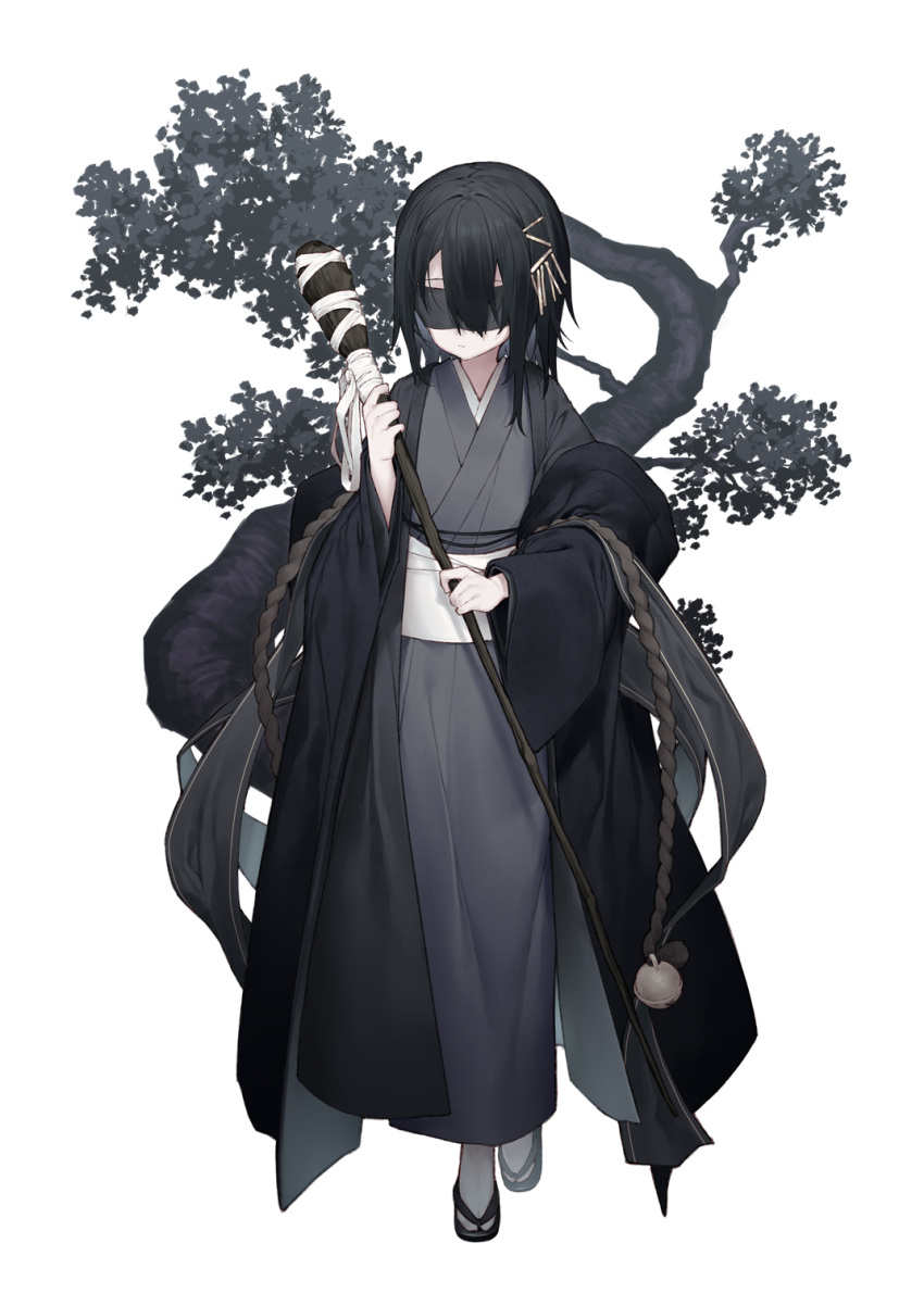 1girl black_footwear black_hair blindfold closed_mouth commentary_request facing_viewer grey_kimono hair_ornament hairclip highres holding holding_staff japanese_clothes kimono long_sleeves obi open_clothes original sash simple_background socks solo staff tabi tokuno_yuika tree white_background white_socks wide_sleeves zouri