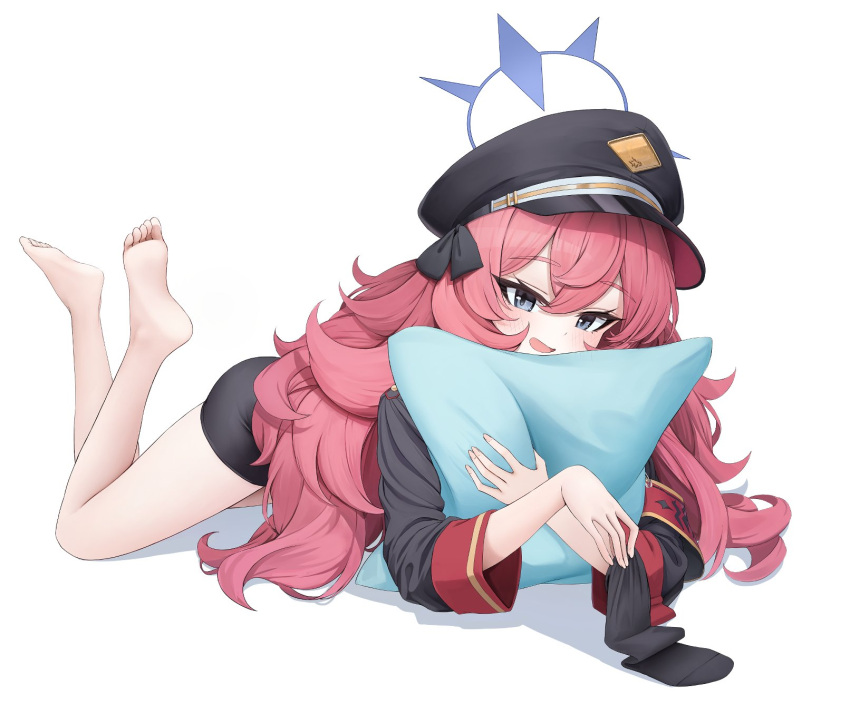 1girl bare_legs barefoot black_headwear black_socks blue_archive blue_eyes blue_halo chirang feet full_body halo hat highres holding holding_clothes holding_legwear holding_pillow iroha_(blue_archive) legs long_hair long_sleeves lying military_hat on_stomach open_mouth peaked_cap pillow red_armband redhead shirt simple_background smile socks socks_removed soles the_pose thighs toes very_long_hair white_background wide_sleeves