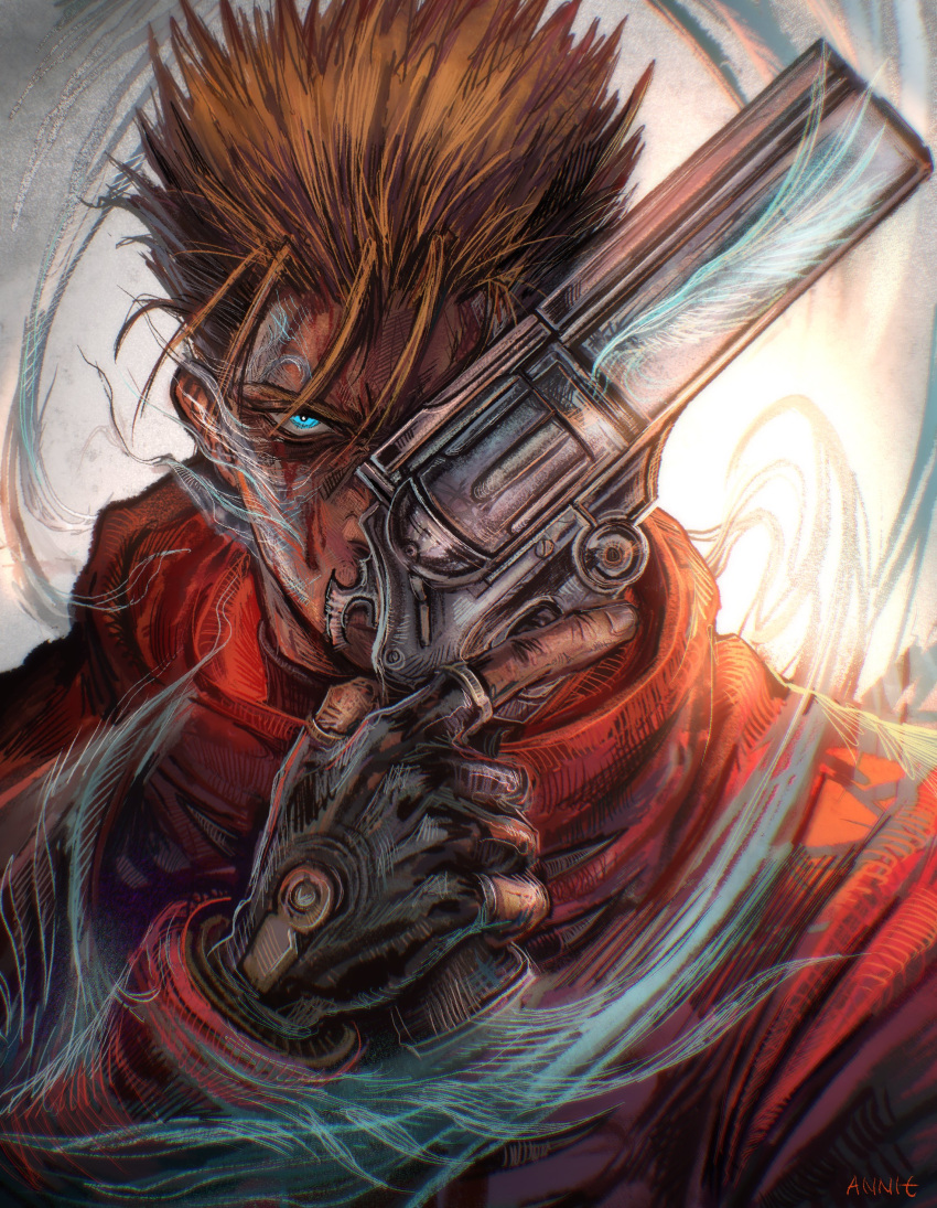 1boy absurdres anniechromes black_gloves blonde_hair blood blood_on_face blue_eyes coat crossed_fingers gloves gun highres holding holding_gun holding_weapon looking_at_viewer male_focus one_eye_covered red_coat revolver short_hair signature smoke solo trigun upper_body vash_the_stampede weapon