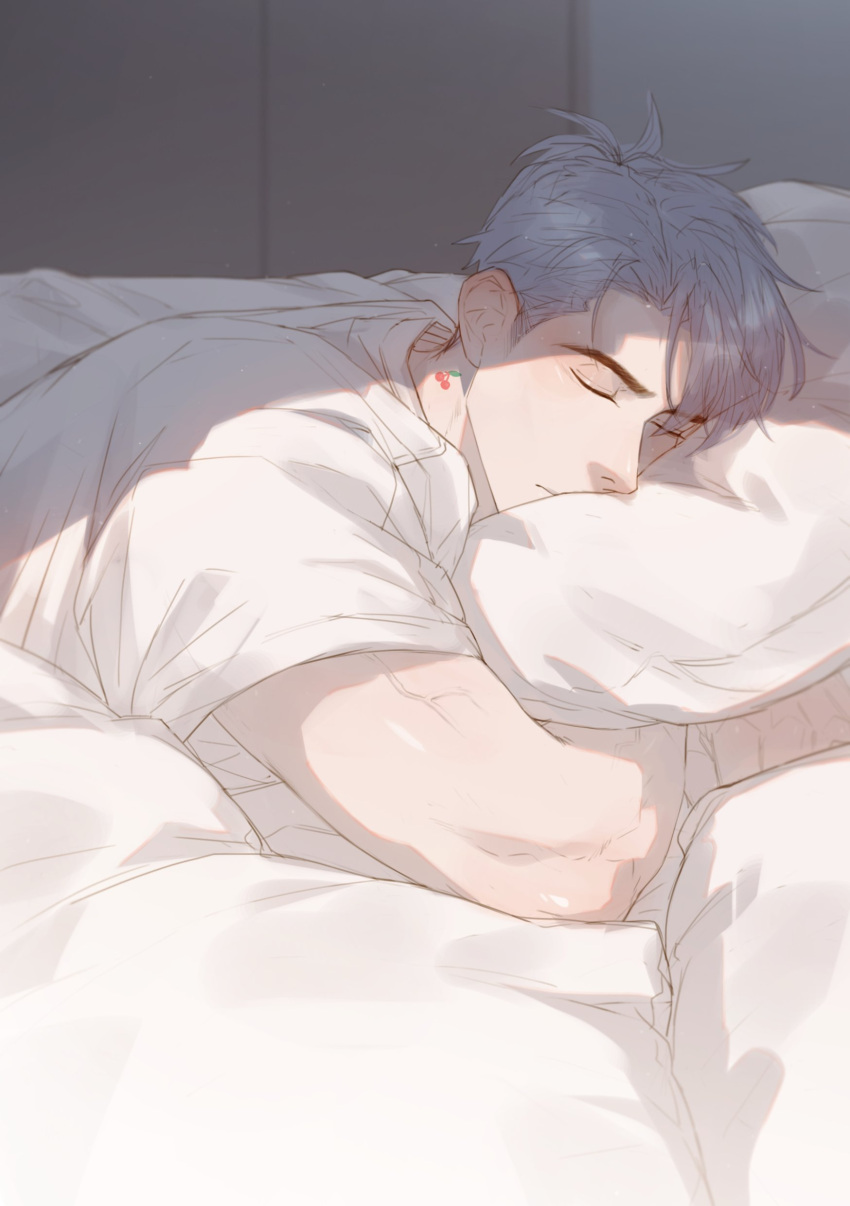 1boy absurdres bedroom character_request cherry_print closed_eyes closed_mouth copyright_request food_print highres interior male_focus neck_tattoo on_bed punim410 shirt short_sleeves sleeping solo sunlight tattoo veins veiny_arms white_hair white_shirt