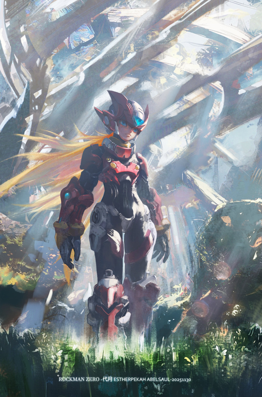 1boy absurdres android armor blonde_hair blue_eyes dated forehead_jewel helmet highres long_hair male_focus mega_man_(series) mega_man_zero_(series) narcissus111 red_armor red_helmet solo walking zero(z)_(mega_man) zero_(mega_man)