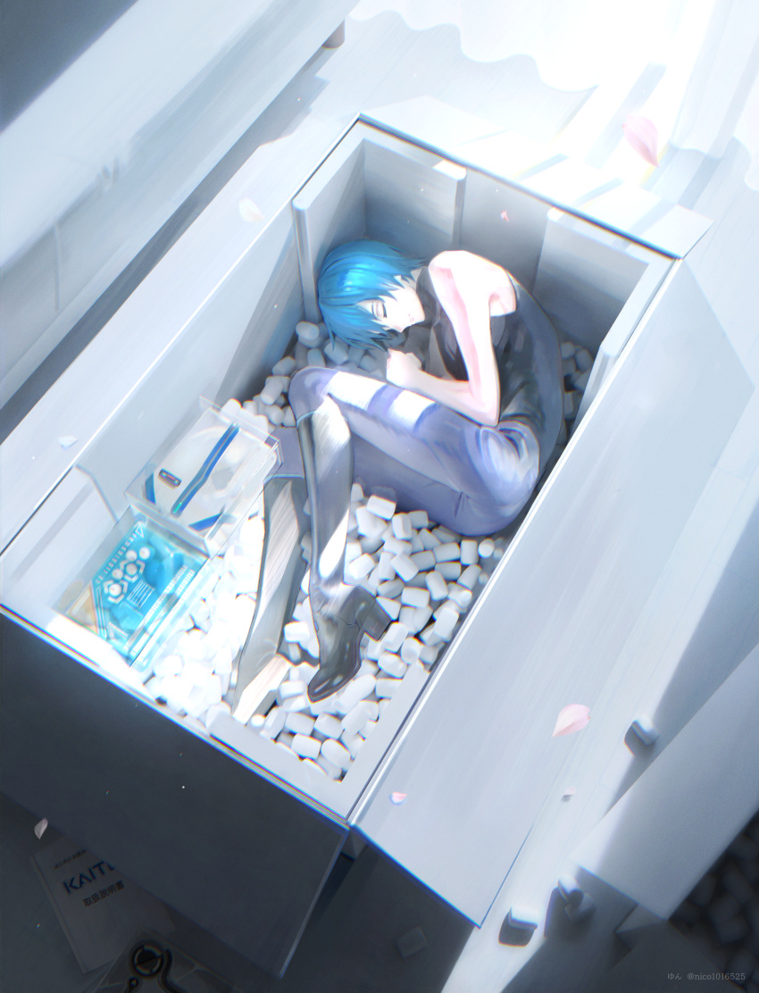 1boy absurdres android blue_hair boots box closed_eyes fetal_position folded_clothes high_heel_boots high_heels highres in_box in_container kaito_(vocaloid) kaito_(vocaloid3) male_focus nico1016 package packing_peanuts pants science_fiction short_hair sleeping sleeveless sleeveless_turtleneck solo turtleneck vocaloid