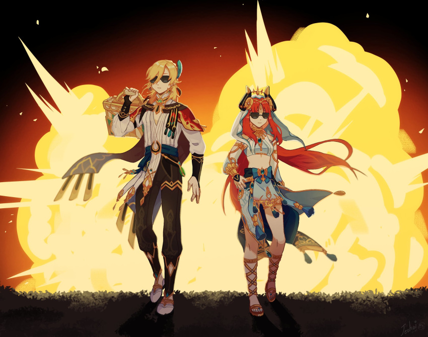 1boy 1girl blonde_hair breasts briefcase closed_mouth detached_sleeves english_text explosion feather_hair_ornament feathers full_body genshin_impact hair_between_eyes hair_ornament harem_outfit highres holding horns jeehoineverdie kaveh_(genshin_impact) long_hair long_sleeves nilou_(genshin_impact) pants redhead small_breasts standing sunglasses veil very_long_hair walking