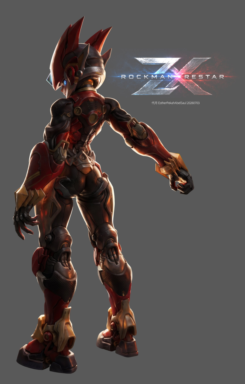 1boy absurdres android armor copyright_name dated english_text forehead_jewel from_behind grey_background helmet highres male_focus mega_man_(series) mega_man_zero_(series) narcissus111 red_armor red_helmet simple_background solo zero(z)_(mega_man) zero_(mega_man)