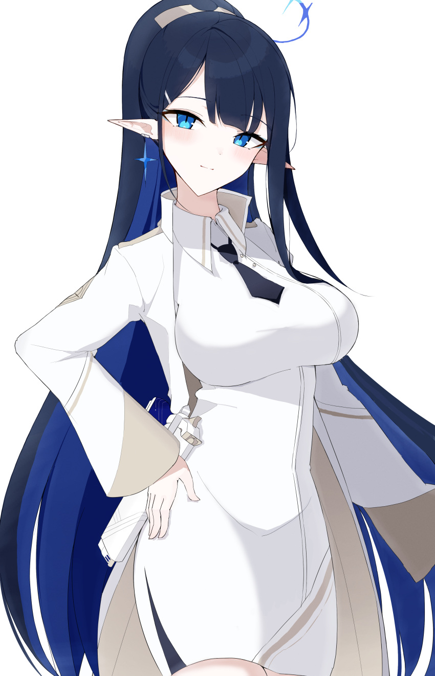 1girl absurdres arimas_ar1 black_hair black_necktie blue_archive blue_eyeliner blue_eyes blue_hair breasts colored_inner_hair dress earrings eyeliner halo hand_on_own_hip highres holster jacket jewelry large_breasts long_hair makeup multicolored_hair necktie official_alternate_costume pointy_ears ponytail rin_(blue_archive) solo star_(symbol) star_earrings very_long_hair white_dress white_jacket