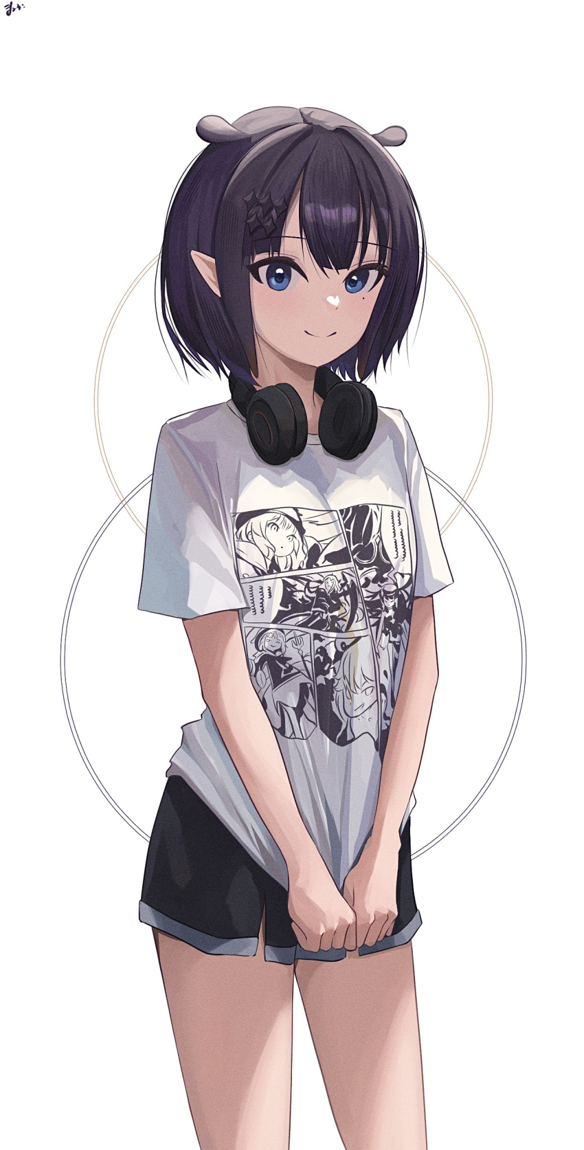 1girl absurdres black_shorts blue_eyes closed_mouth commentary_request headphones highres hololive looking_at_viewer ninomae_ina'nis niokai partial_commentary pointy_ears print_shirt purple_hair shirt short_hair shorts smile solo standing tentacle_hair virtual_youtuber white_background white_shirt