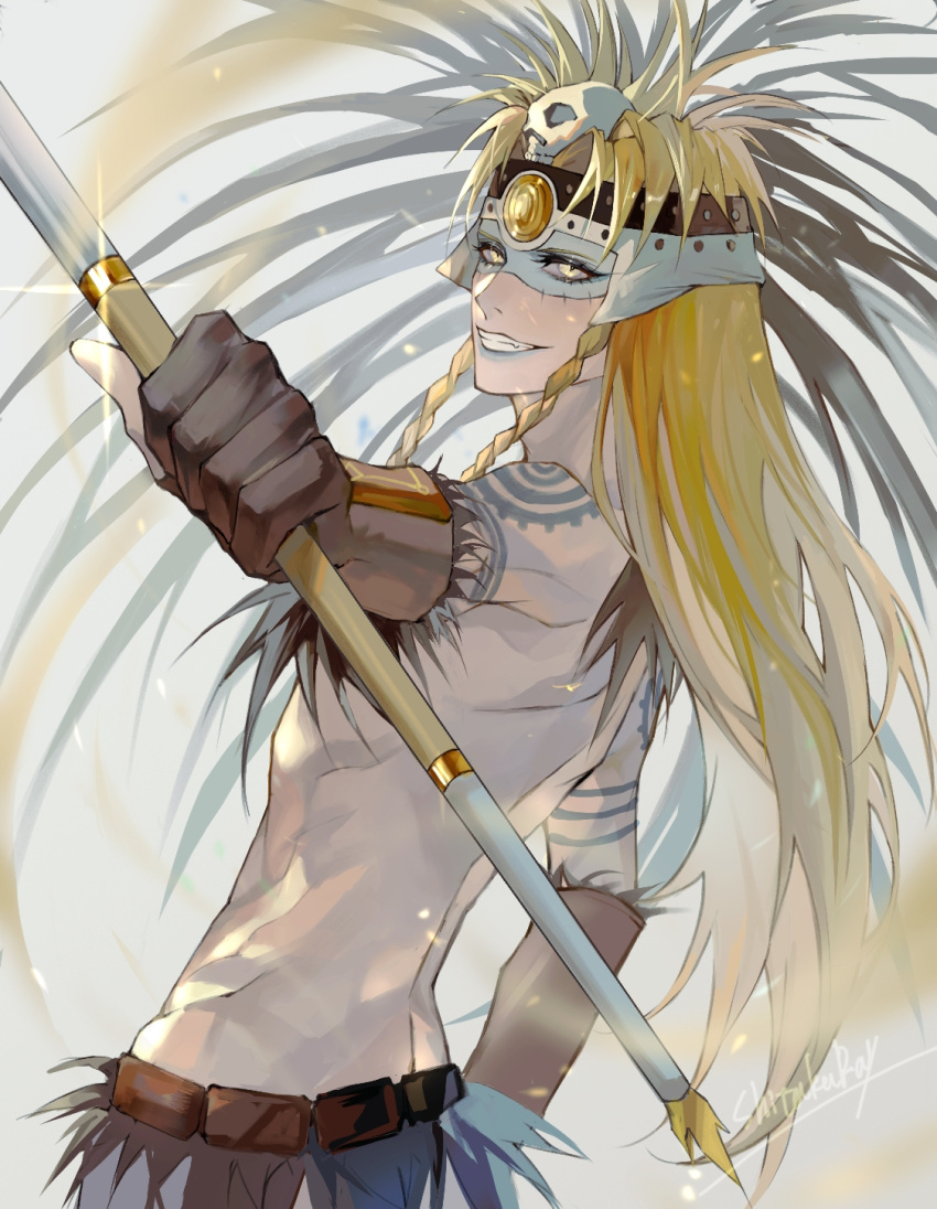 1boy arm_tattoo blonde_hair braid facepaint fate/grand_order fate_(series) from_side gloves hair_ornament highres holding holding_polearm holding_weapon long_hair looking_at_viewer male_focus polearm shitakuray signature simple_background skull skull_hair_ornament smile solo tattoo tezcatlipoca_(fate) tezcatlipoca_(third_ascension)_(fate) topless traditional_clothes twin_braids upper_body weapon white_background