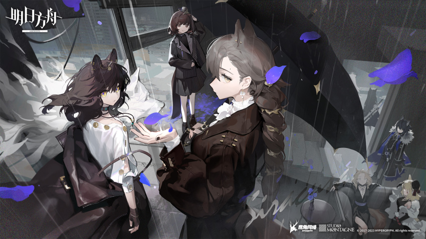 animal_ears arknights black_hair brown_hair closed_mouth commentary full_body highres iris_yi jacket jewelry lappland_(arknights) looking_at_viewer lunacub_(arknights) official_art penance_(arknights) roberta_(arknights) shirt short_hair sitting smile sora_(arknights) standing symbol-only_commentary texas_(arknights) texas_the_omertosa_(arknights) upper_body vigil_(arknights)