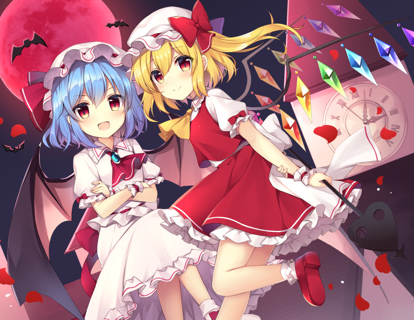 2girls absurdres bat_wings blush bow closed_mouth crossed_arms crossed_legs flandre_scarlet hat hat_bow highres mob_cap moon multiple_girls open_mouth puffy_short_sleeves puffy_sleeves red_bow red_footwear red_moon remilia_scarlet ruhika short_sleeves smile socks touhou white_socks wings