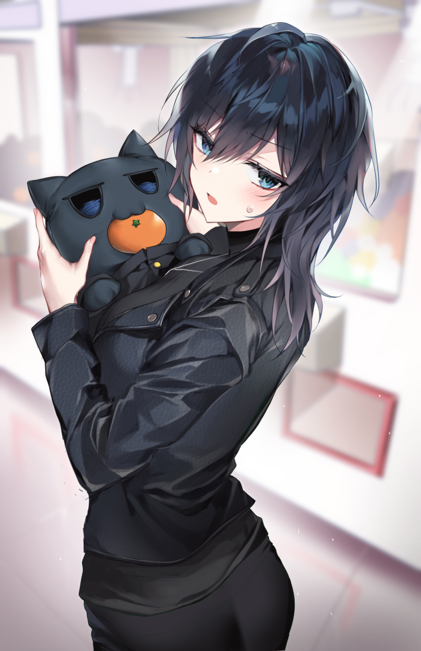 1girl absurdres bara_(03_bara_) black_hair black_jacket black_shirt blue_eyes blurry blurry_background blush breasts commentary_request cowboy_shot from_behind hair_between_eyes highres holding holding_stuffed_toy indoors jacket long_sleeves looking_at_viewer looking_back medium_breasts open_clothes open_jacket open_mouth original shirt solo stuffed_animal stuffed_cat stuffed_toy sweatdrop yokoyama_ishimi